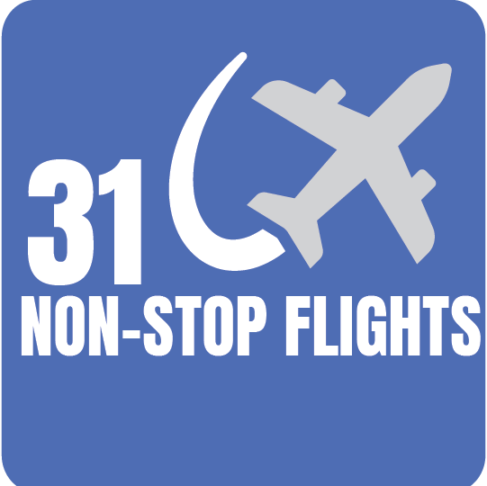 Flights graphic Blue background features a graphic of an airplane, crescent, and text: "31 Non-Stop Flights" in bold white lettering.