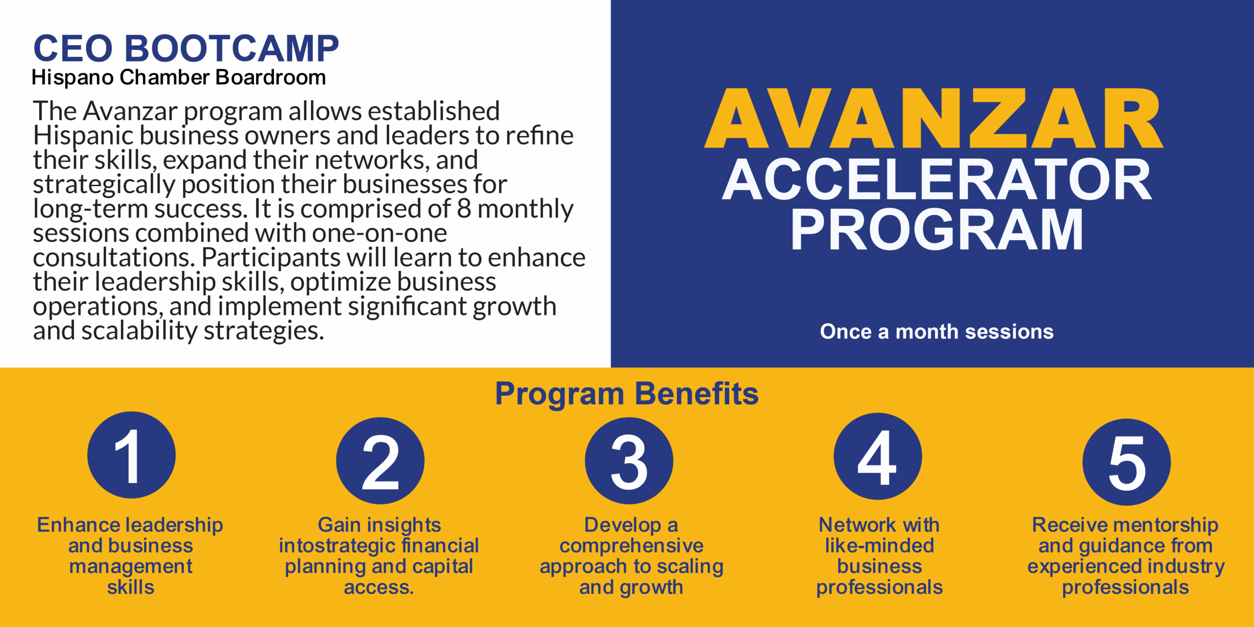 The image promotes Avanzar Accelerator Program, offering monthly sessions to enhance leadership, scalability, and business growth for Hispanic entrepreneurs.