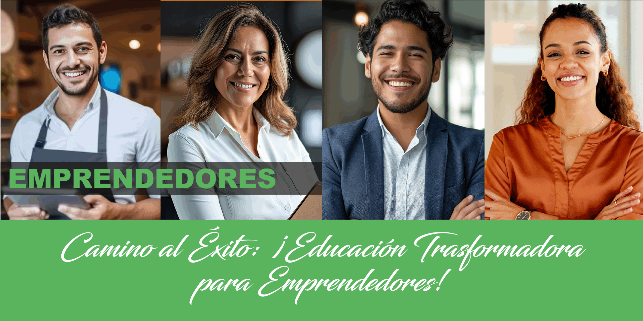 Four smiling persons in professional attire are featured under the heading “EMPRENDEDORES”. Caption promotes transformative education for entrepreneurs.