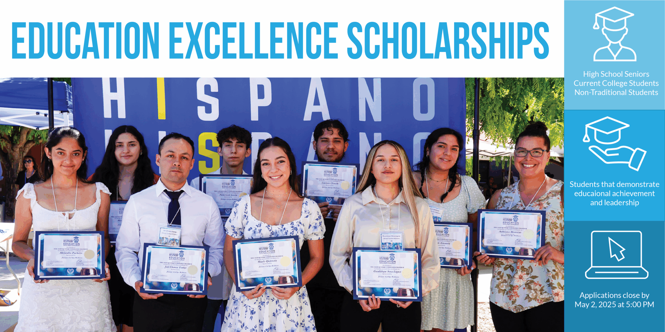 A group of nine people holding certificates in front of a "HISPA" banner. Text promotes education scholarships and application details.