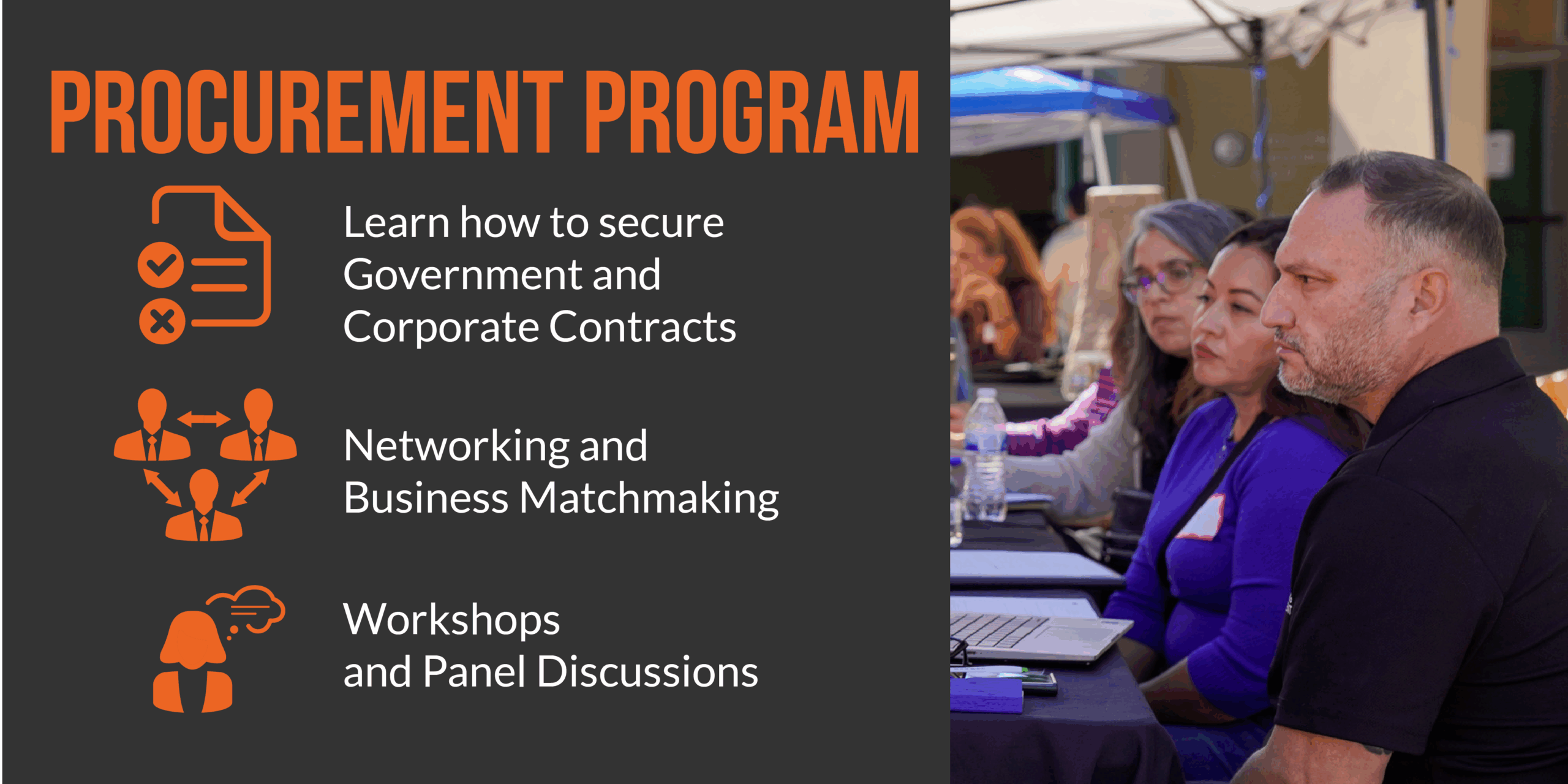 A group of people participates in a procurement program featuring government contracts, networking, and workshops under outdoor canopies.