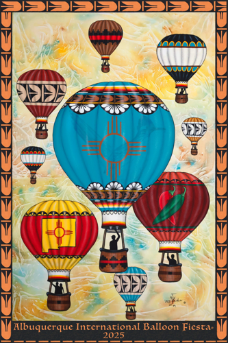 Colorful hot air balloons with various designs float against a vibrant sky. The poster reads "Albuquerque International Balloon Fiesta 2025."