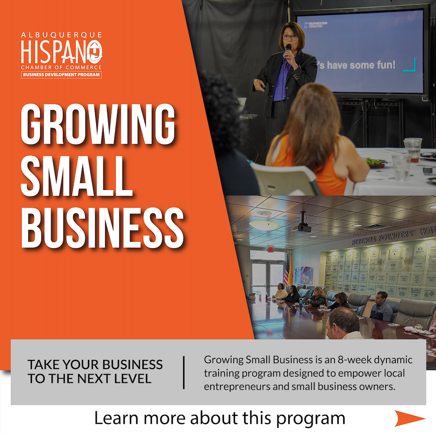 A business program ad shows a person speaking at an event, promoting small business growth by the Albuquerque Hispano Chamber of Commerce.