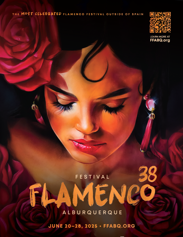 A person surrounded by roses promotes the 38th Festival Flamenco in Albuquerque, happening June 20-28, 2025.