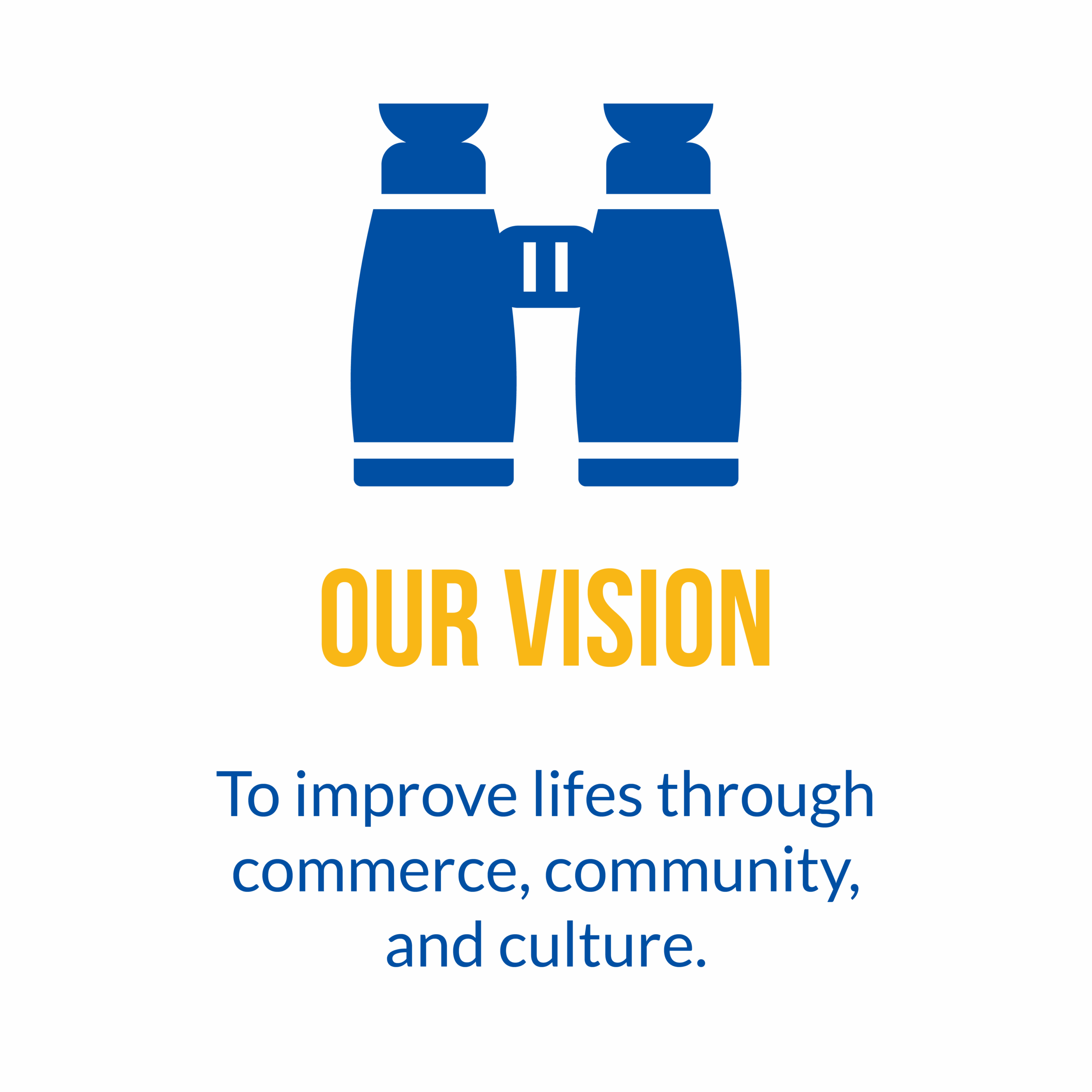 Binocular icon above “Our Vision.” Text reads: "To improve lives through commerce, community, and culture." Bold, simple design on black background.