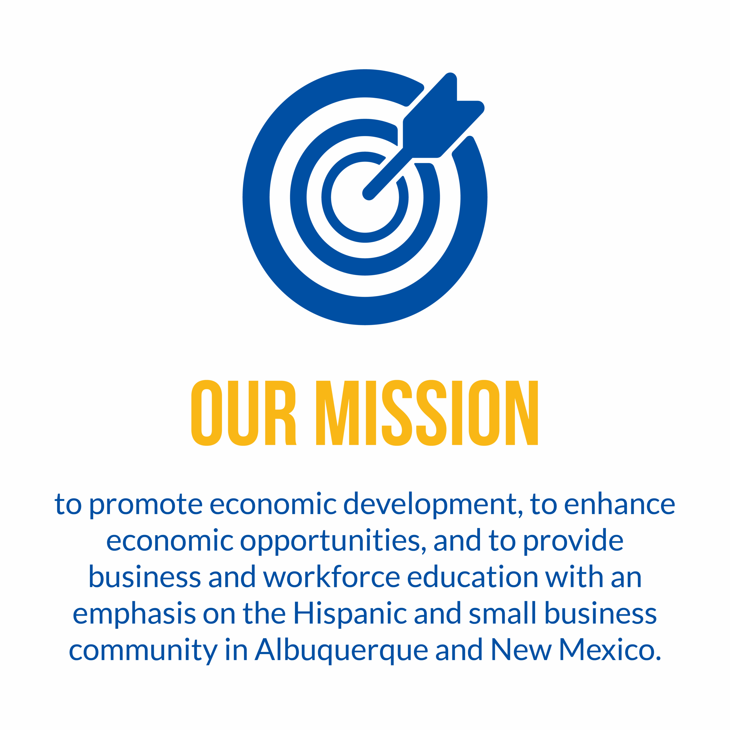 A blue bullseye with an arrow above “OUR MISSION.” Text describes promoting economic development in Albuquerque and New Mexico, focusing on Hispanic communities.