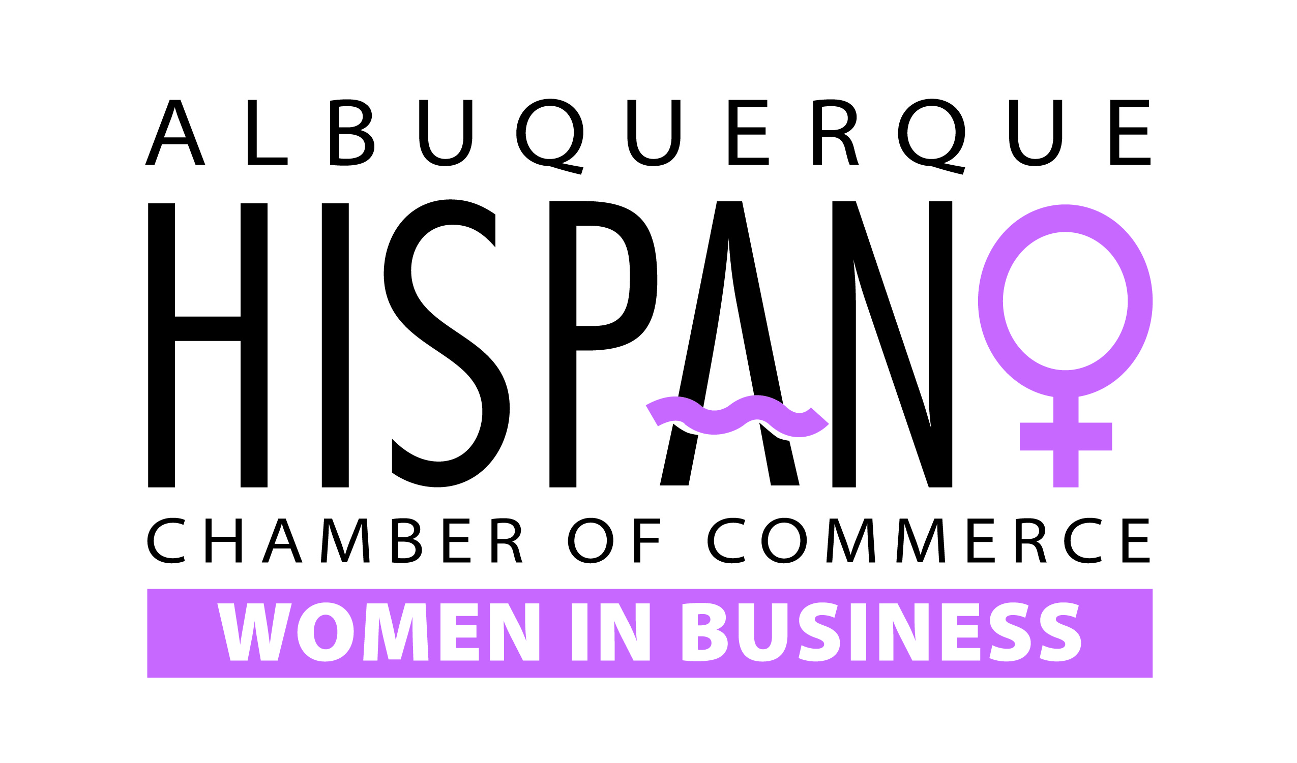 Logo for the Albuquerque Hispano Chamber of Commerce, highlighting Women in Business, features bold text with purple accents and female symbol.